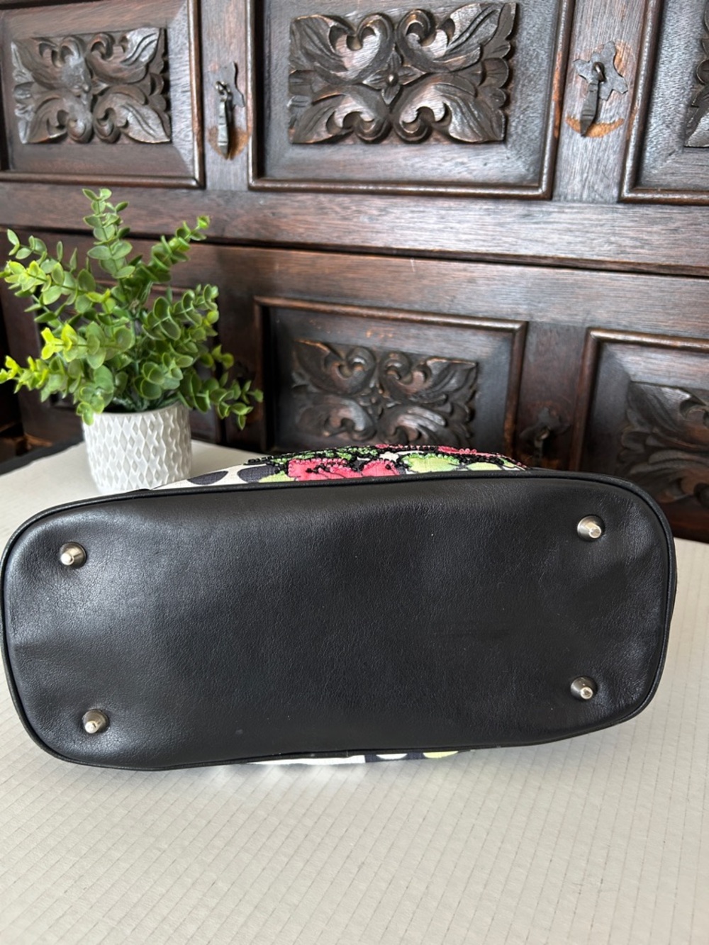 Isabella Fiore Black Polka Dot Floral Shoulder Bag - Pink Flower Accent - Picture 8 of 13